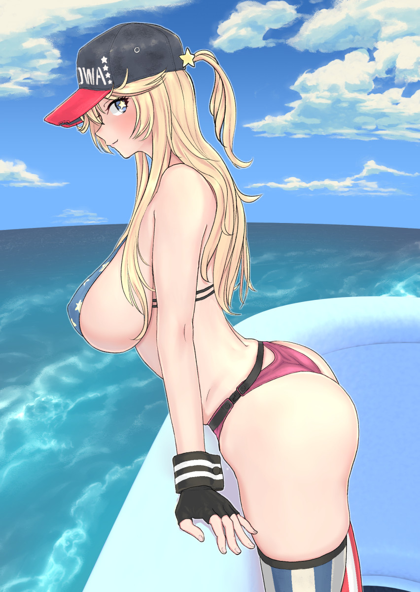 1girl, american_flag_legwear, ass, balcony, baseball_cap, blonde_hair, blue_eyes, breasts, clouds, cloudy_sky, commentary_request, day, fingerless_gloves, gloves, hajimanabu, hat, highres, iowa_(kantai_collection), kantai_collection, large_breasts, long_hair, mismatched_legwear, ocean, outdoors, panties, purple_panties, sideboob, skindentation, sky, smile, solo, star, star-shaped_pupils, striped, symbol-shaped_pupils, underwear, uss_iowa_(bb-61), vertical_stripes, wrist_cuffs