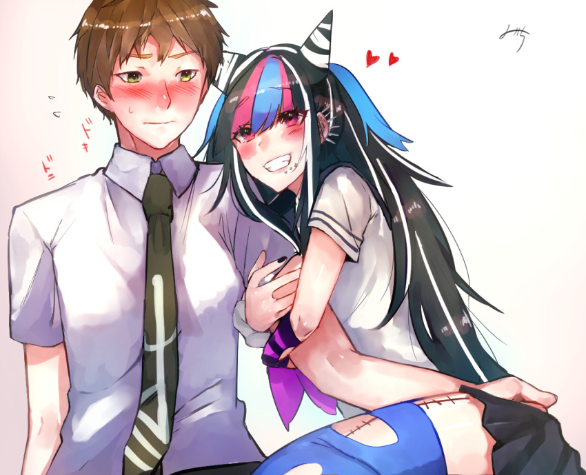 1boy, 1girl, arm_grab, black_nails, blue_legwear, blush, brown_hair, commentary_request