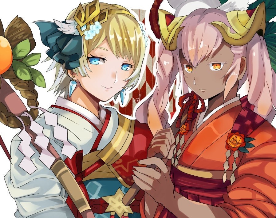 2girls, blonde_hair, blue_eyes, earrings, fire_emblem, fire_emblem_heroes, fjorm_(fire_emblem_heroes), holding