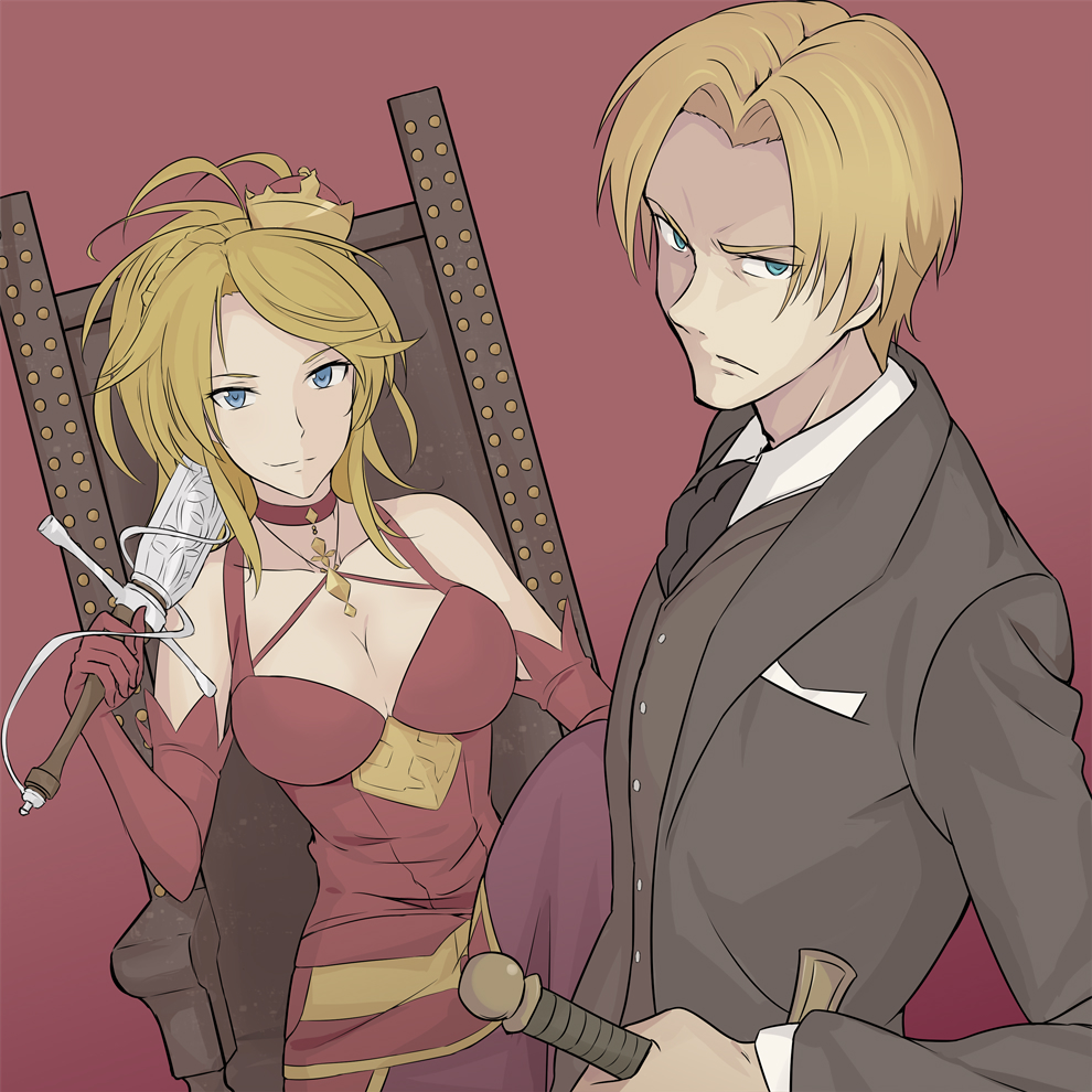 1boy, 1girl, bangs, blonde_hair, blue_eyes, breasts, chair, charisa