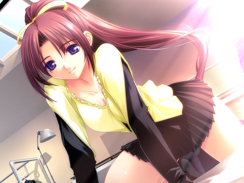game_cg, hair_ribbon, kirishima_mizuki, long_hair, miniskirt, ponytail, purple_eyes, red_hair
