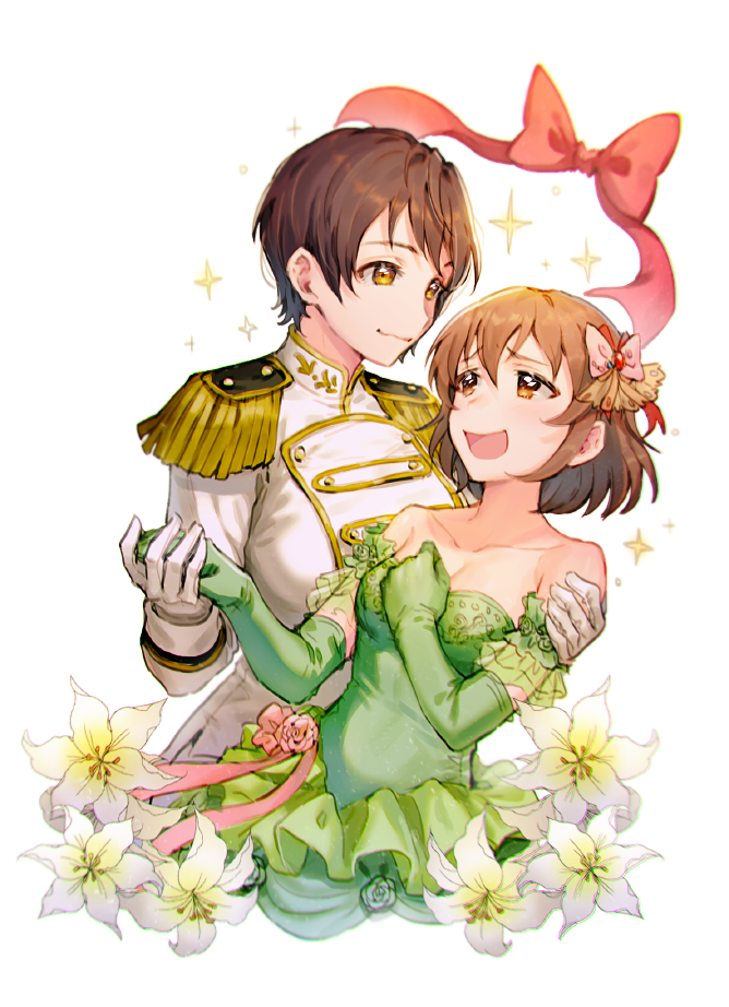2girls, apple_brk, arm_around_shoulder, bangs, bare_shoulders, bow, breasts, brown_eyes