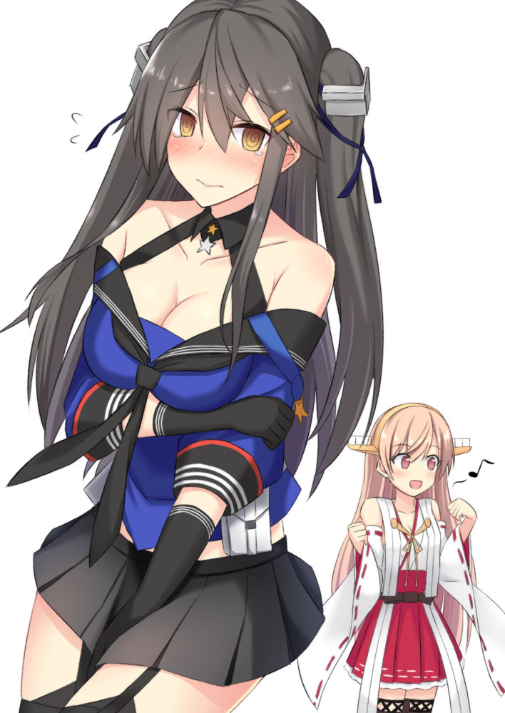 2girls, @_@, akahi242, bare_shoulders, black_gloves, black_hair, black_legwear, black_skirt