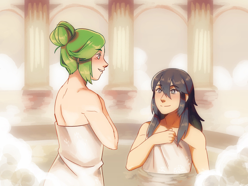 2girls, absurdres, bare_shoulders, bath, blue_eyes, blue_hair, blush, breasts, couple, cute, fire_emblem, fire_emblem:_kakusei, frogbians, goddess, green_eyes, green_hair, hair_bun, highres, hot_springs, intelligent_systems, jewelry, kid_icarus, long_hair, lucina, multiple_girls, naked_towel, necklace, nintendo, onsen, palutena, relaxing, smile, sora_(company), super_smash_bros., super_smash_bros._ultimate, super_smash_bros_for_wii_u_and_3ds, towel, very_long_hair, water, yuri