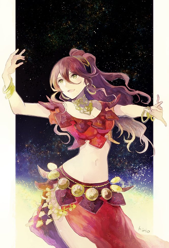 1girl, bracelet, brown_hair, dancer, dancing, green_eyes, jewelry, long_hair, midriff, navel, necklace, octopath_traveler, okii, open_mouth, ponytail, primrose_azelhart, simple_background, skirt, smile, solo, star