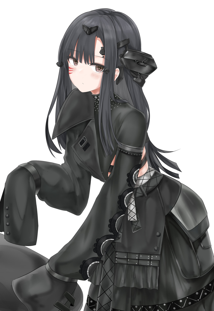 1girl, absurdres, black_hair, black_jacket, black_skirt, blush, brown_eyes, closed_mouth
