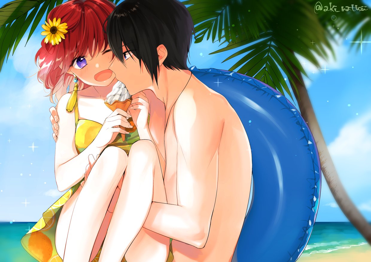 1boy, 1girl, ;d, akatsuki_no_yona, aki_nattsu, beach, black_eyes, black_hair