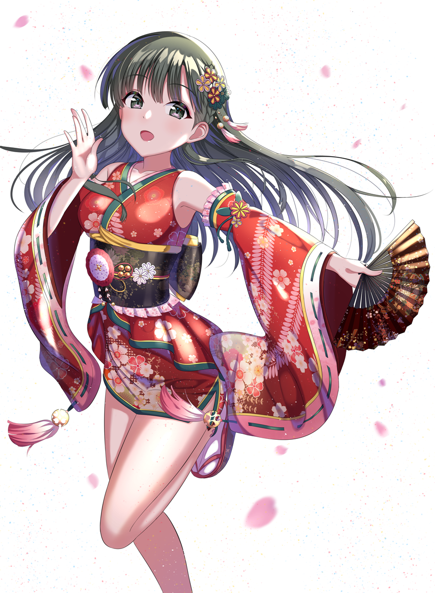 1girl, :d, cherry_blossoms, detached_sleeves, eyebrows_visible_through_hair, fan, floating_hair, floral_print