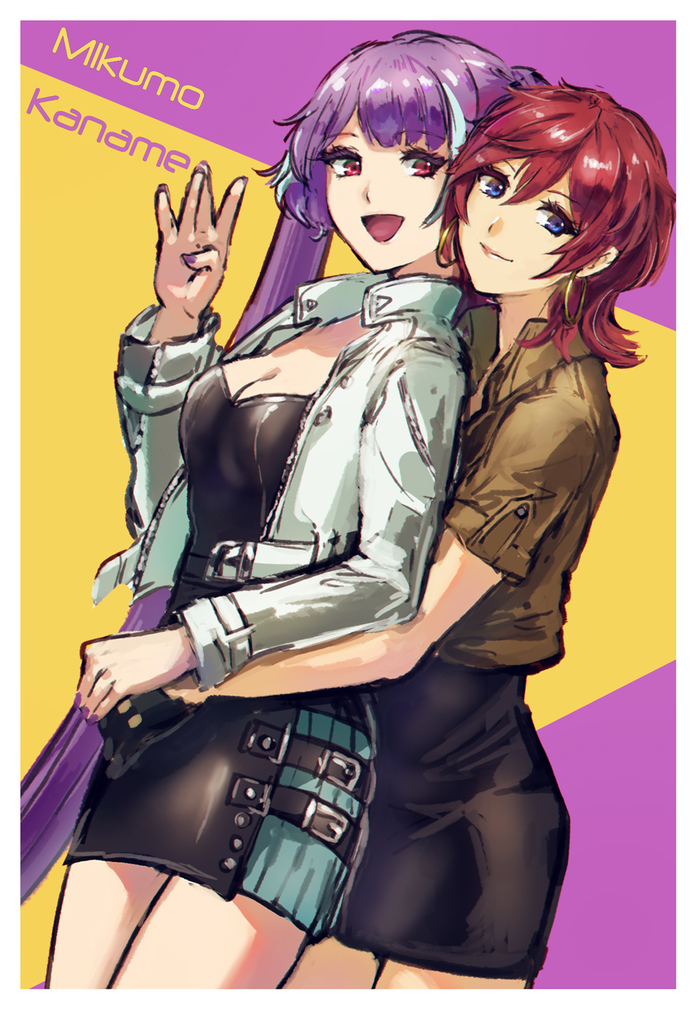 2girls, :d, black_dress, black_gloves, blue_eyes, breasts, brown_jacket, character_name