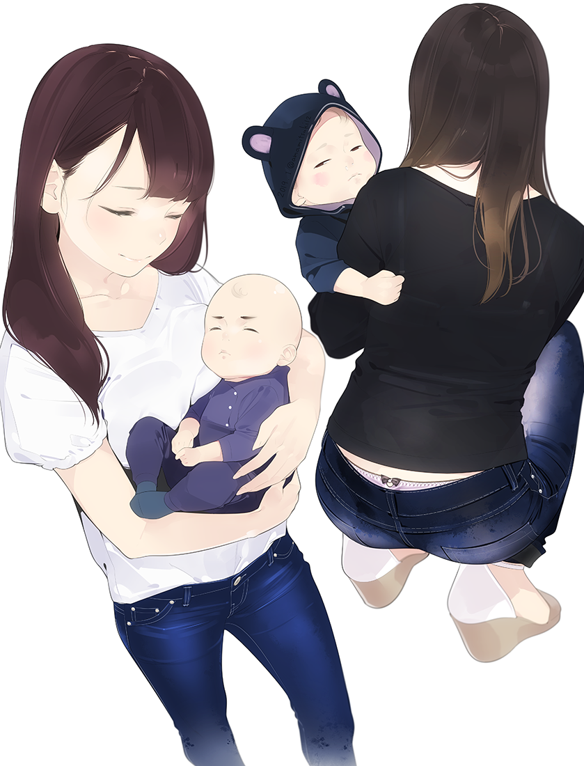 2girls, aka-san, ama_mitsuki, animal_hood, baby_carry, black_shirt, brown_hair, closed_eyes