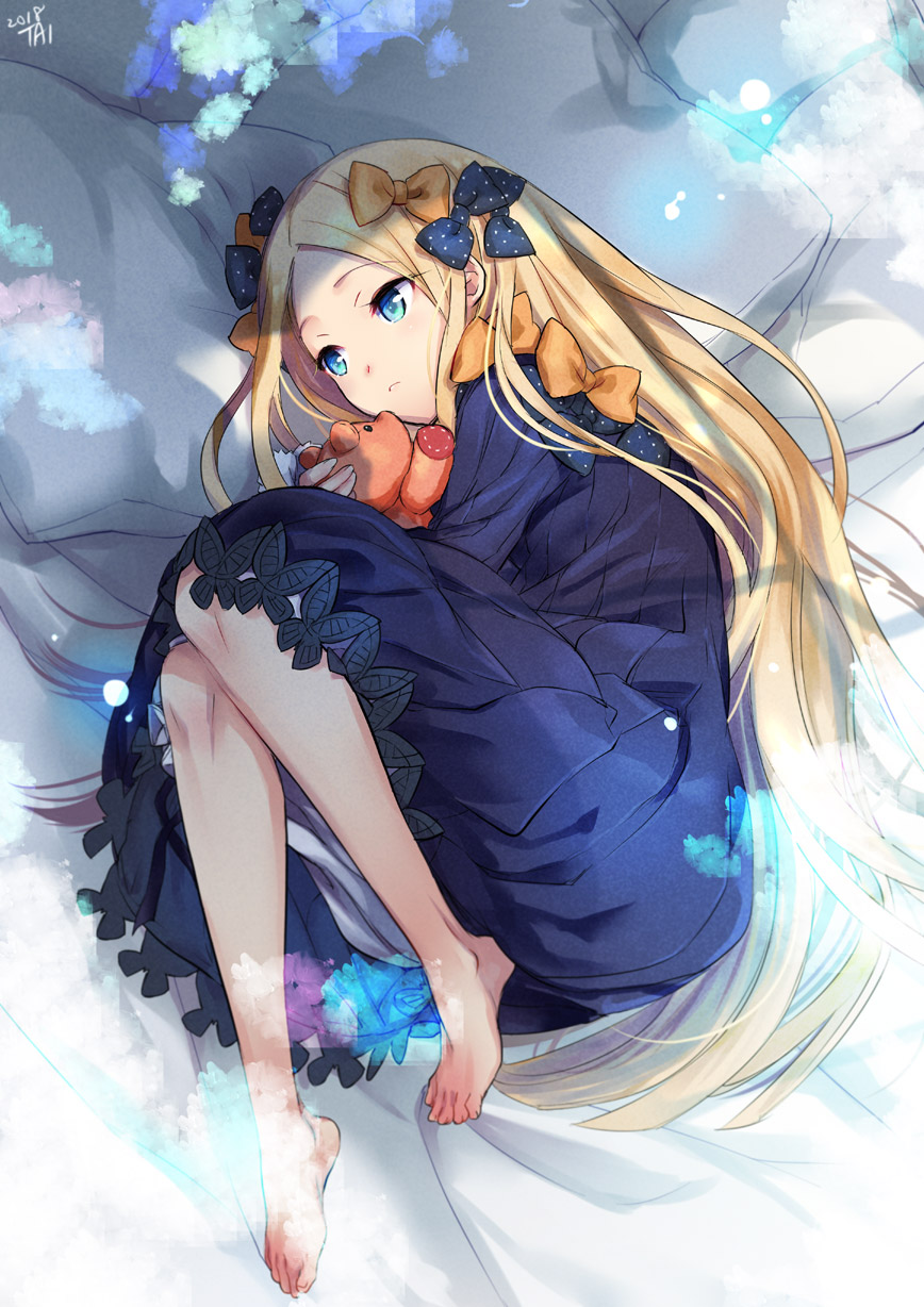 1girl, 2018, abigail_williams_(fate/grand_order), bangs, barefoot, bed_sheet, black_bow, black_dress