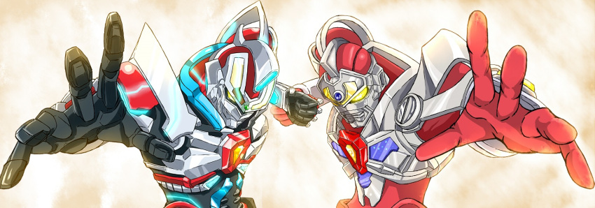 2boys, acceptor, armor, clenched_hands, crossover, denkou_choujin_gridman, epic, gloves, glowing, glowing_eyes, gridman_(character), gridman_(ssss), highres, look-alike, male_focus, mecha, multiple_boys, no_humans, no_pupils, pose, shoulder_armor, ssss.gridman, tokusatsu, yellow_eyes, yoroshi_(yoroshii_seikatsu)