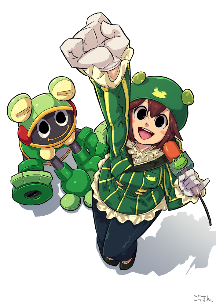 1girl, arm_up, black_eyes, blush, blush_stickers, brown_hair, capcom, coat