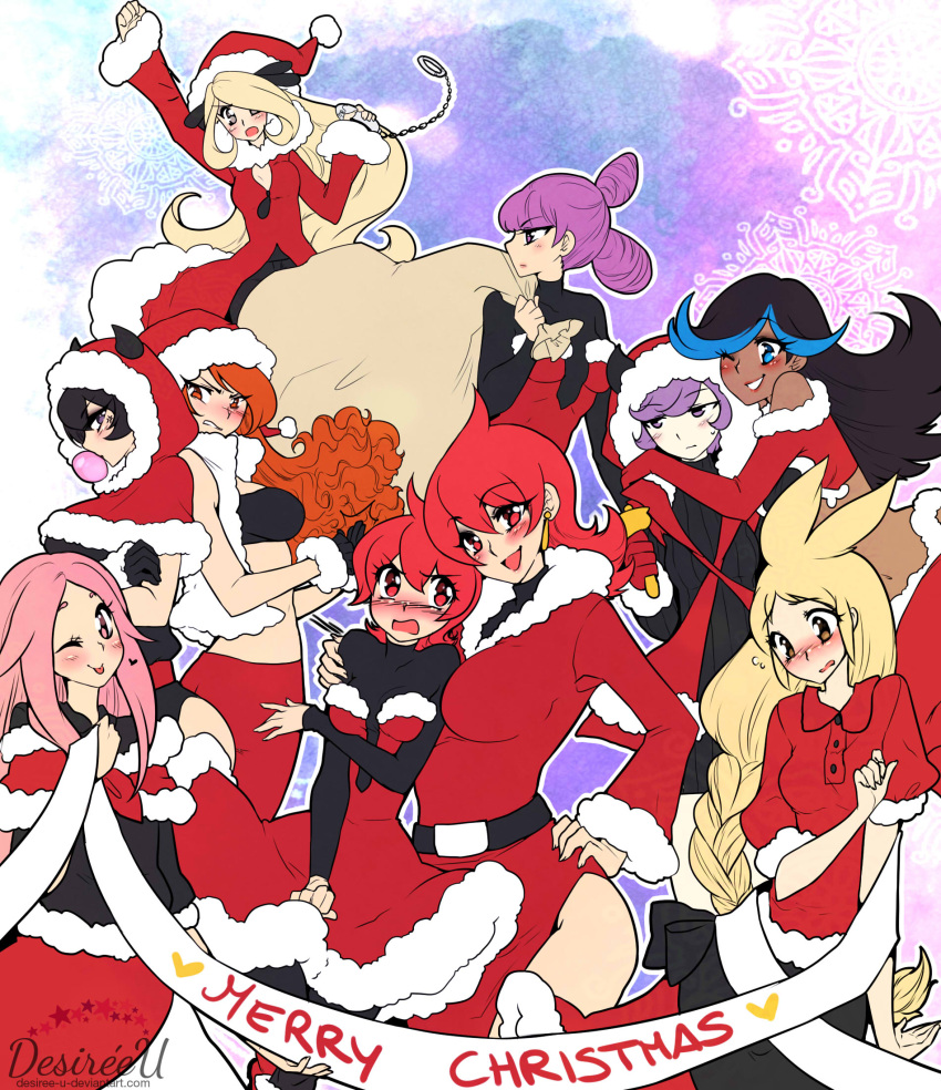 6+girls, anthea_(pokemon), arm_around_shoulder, athena_(pokemon), black_eyes, black_hair, blonde_hair, blue_eyes
