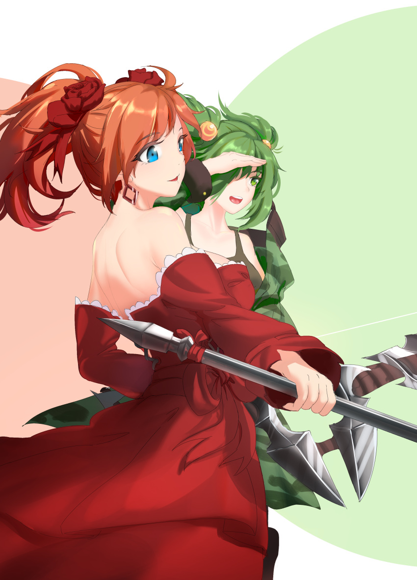 2girls, absurdres, anna_(epic_battle_fantasy), bauble, blue_eyes, bow_(weapon), bow_dress, breasts