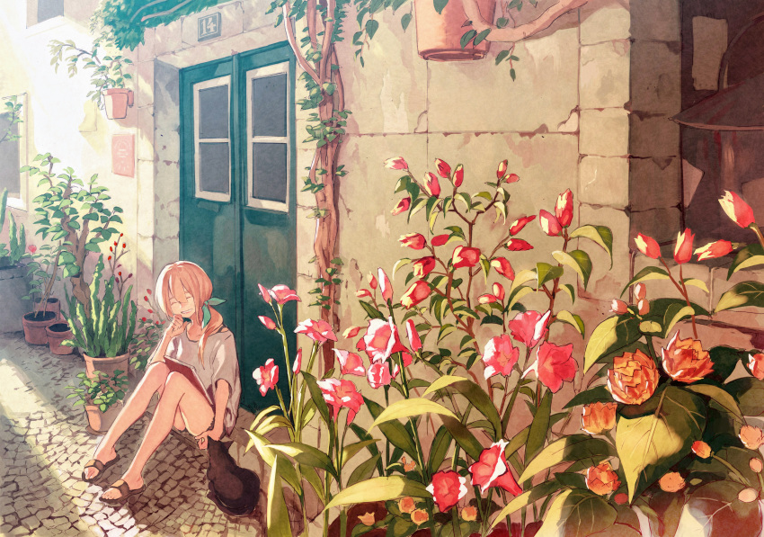 1girl, absurdres, bangs, black_shorts, cat, closed_eyes, day, door