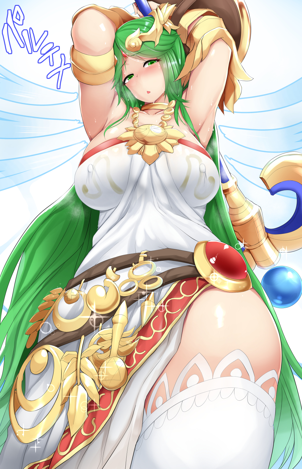1girl, barefoot, blush, breasts, choker, dress, goddess, green_eyes, green_hair, highres, jewelry, kid_icarus, large_breasts, long_hair, looking_at_viewer, matching_hair/eyes, mizuyan, necklace, nintendo, palutena, shield, solo, staff, super_smash_bros., thigh-highs, tiara, white_legwear