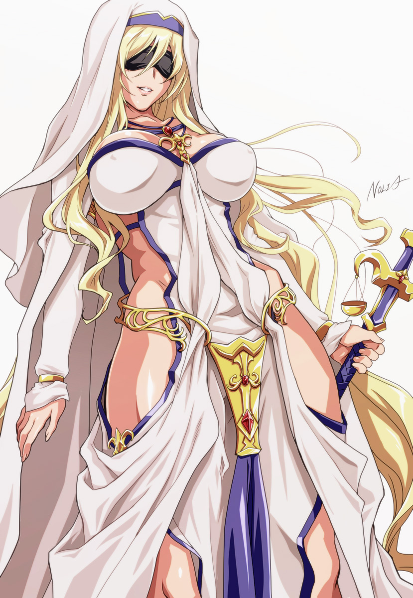 1girl, bangs, blindfold, blonde_hair, blush, breasts, commentary_request, dress