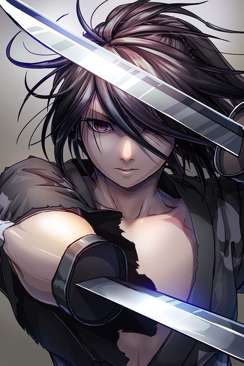 1boy, arm_blade, black_hair, closed_mouth, dororo_(tezuka), dual_wielding, highres, holding