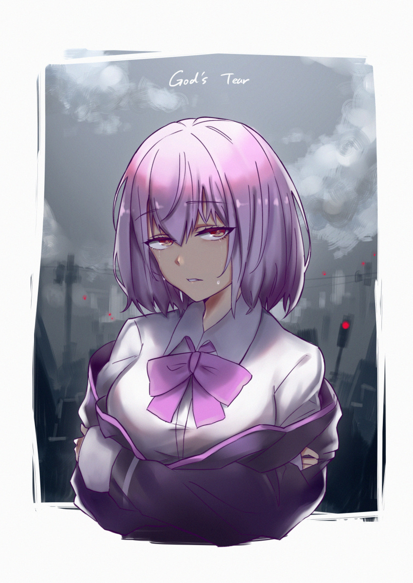 1girl, absurdres, bow, breasts, collared_shirt, crossed_arms, english_text, eyebrows_visible_through_hair