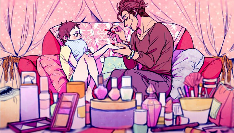 1boy, 1girl, bandage, black_hair, brown_hair, closed_eyes, cosmetics, curtains