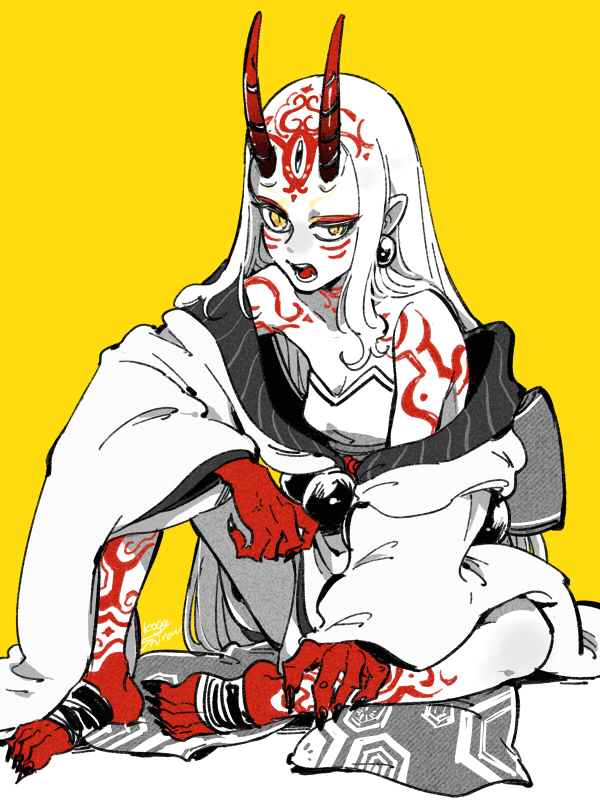 1girl, earrings, facial_mark, fang_out, fate/grand_order, fate_(series), fingernails, forehead_mark, horns, ibaraki_douji_(fate/grand_order), japanese_clothes, jewelry, kimono, kogashirou, looking_at_viewer, oni, oni_horns, open_clothes, open_kimono, open_mouth, pointy_ears, sharp_fingernails, simple_background, sitting, tattoo, yellow_background, yellow_eyes
