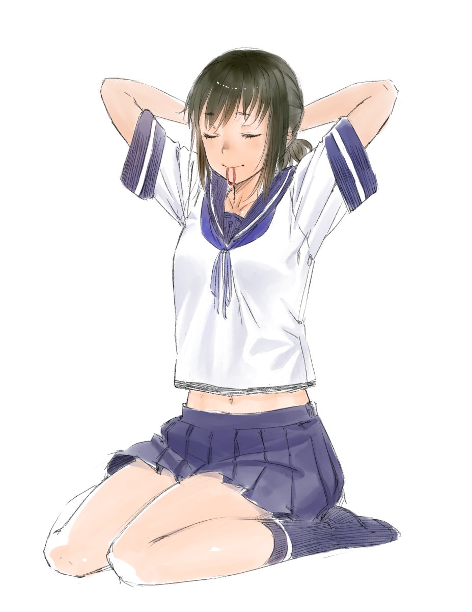 1girl, anchor_symbol, bangs, black_hair, blue_legwear, blue_neckwear, blue_skirt, closed_eyes