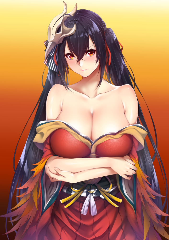 1girl, ahoge, arms_under_breasts, azur_lane, bangs, bare_shoulders, black_hair, blush
