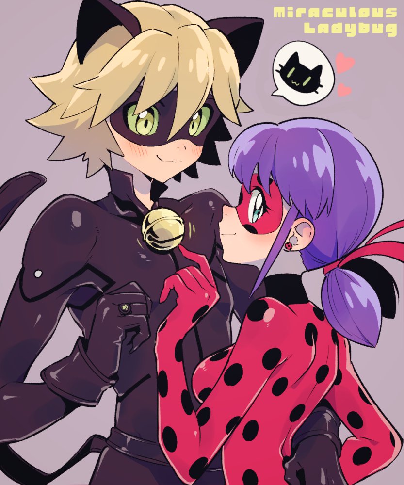 1boy, 1girl, adrien_agreste, animal_ears, bell, black_gloves, blonde_hair, blue_hair