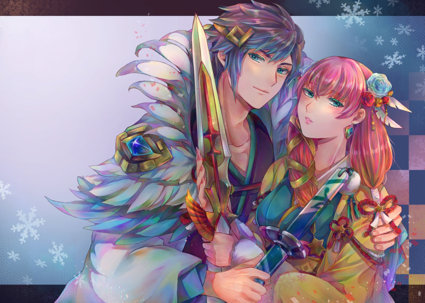 1boy, 1girl, blonde_hair, blue_hair, brother_and_sister, closed_mouth, earrings, feather_trim