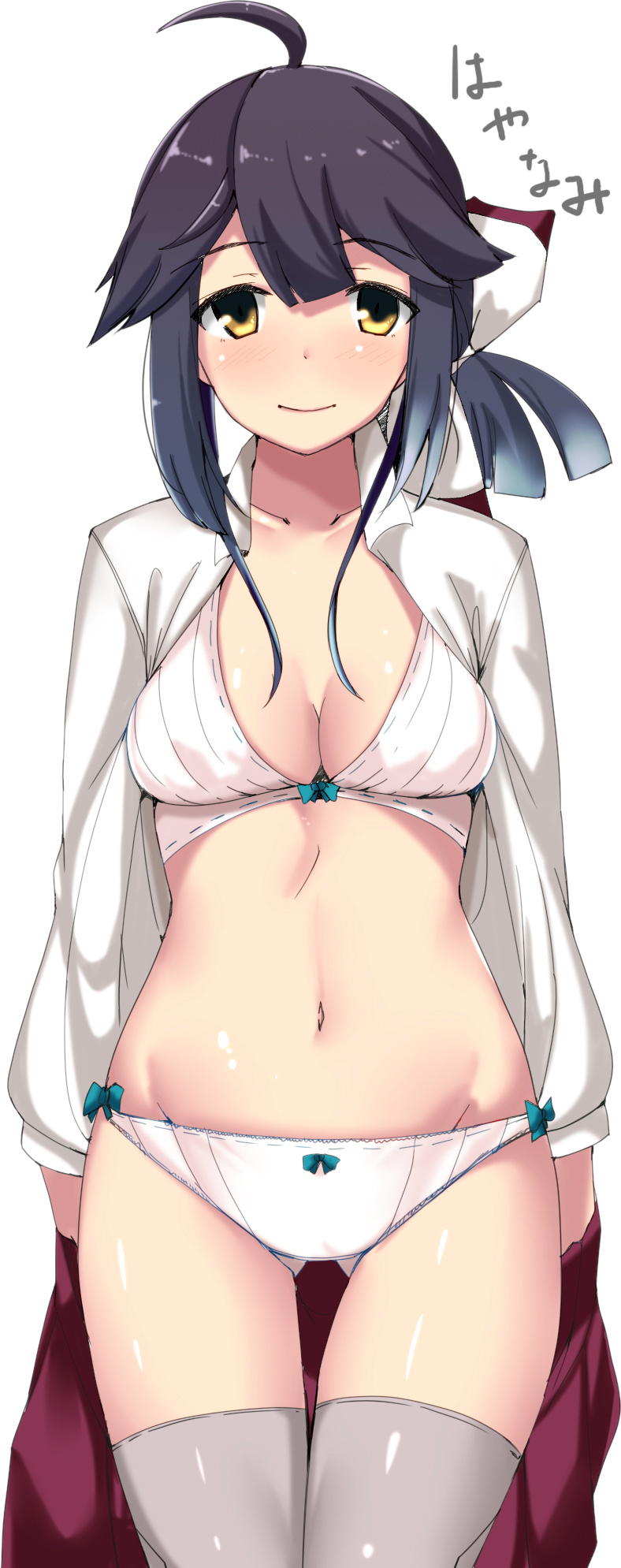 1girl, ahoge, bangs, blush, bow, bow_panties, breasts, chirashi_(so), cleavage, closed_mouth, collarbone, commentary_request, dress, eyebrows_visible_through_hair, gluteal_fold, grey_legwear, hair_between_eyes, hair_ribbon, hayanami_(kantai_collection), highres, kantai_collection, long_hair, long_sleeves, looking_at_viewer, medium_breasts, navel, open_clothes, panties, ponytail, purple_dress, purple_hair, ribbon, school_uniform, shirt, sidelocks, simple_background, smile, solo, standing, thigh-highs, underwear, undressing, uniform, white_background, white_panties, white_ribbon, white_shirt, yellow_eyes