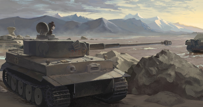 1girl, brown_eyes, brown_hair, caterpillar_tracks, clouds, day, emblem, girls_und_panzer