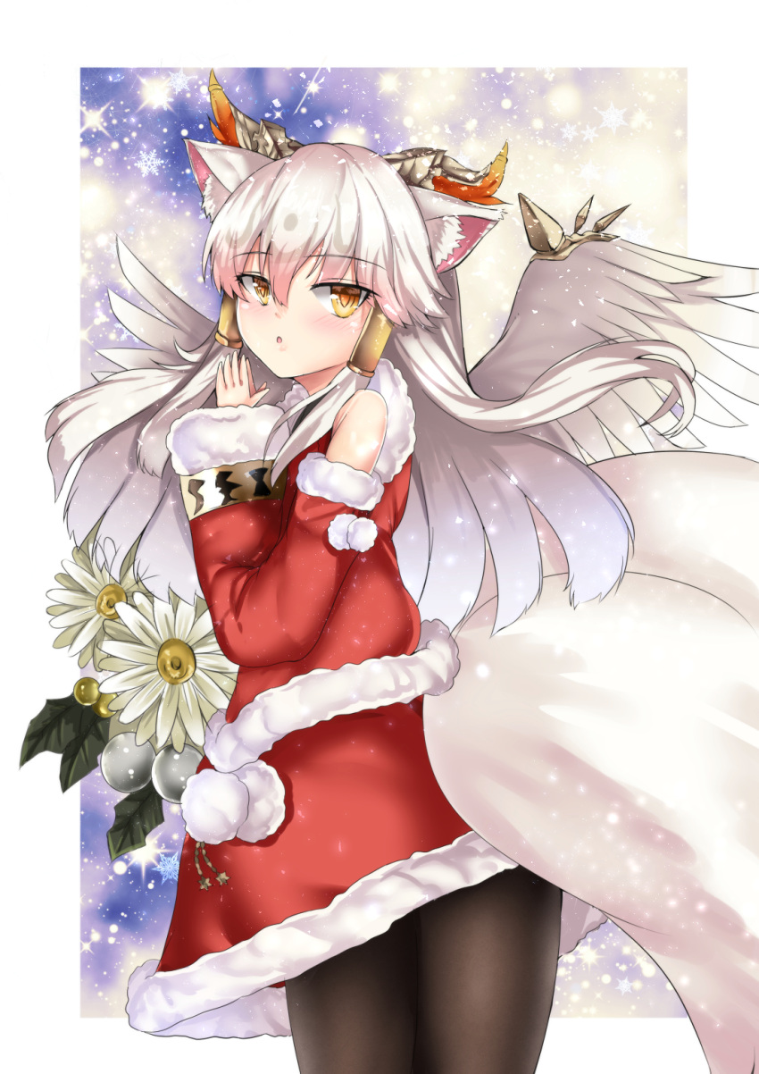 1girl, :o, animal_ear_fluff, animal_ears, bangs, blush, brown_legwear, christmas