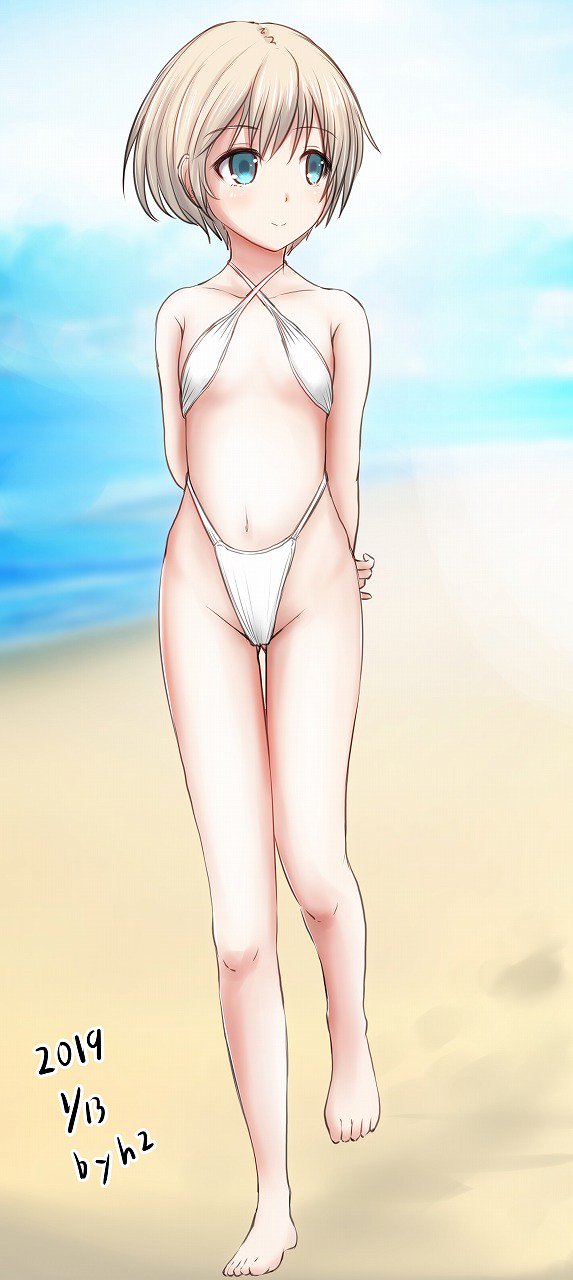1girl, alternate_costume, arms_behind_back, artist_name, barefoot, beach, bikini, blue_eyes