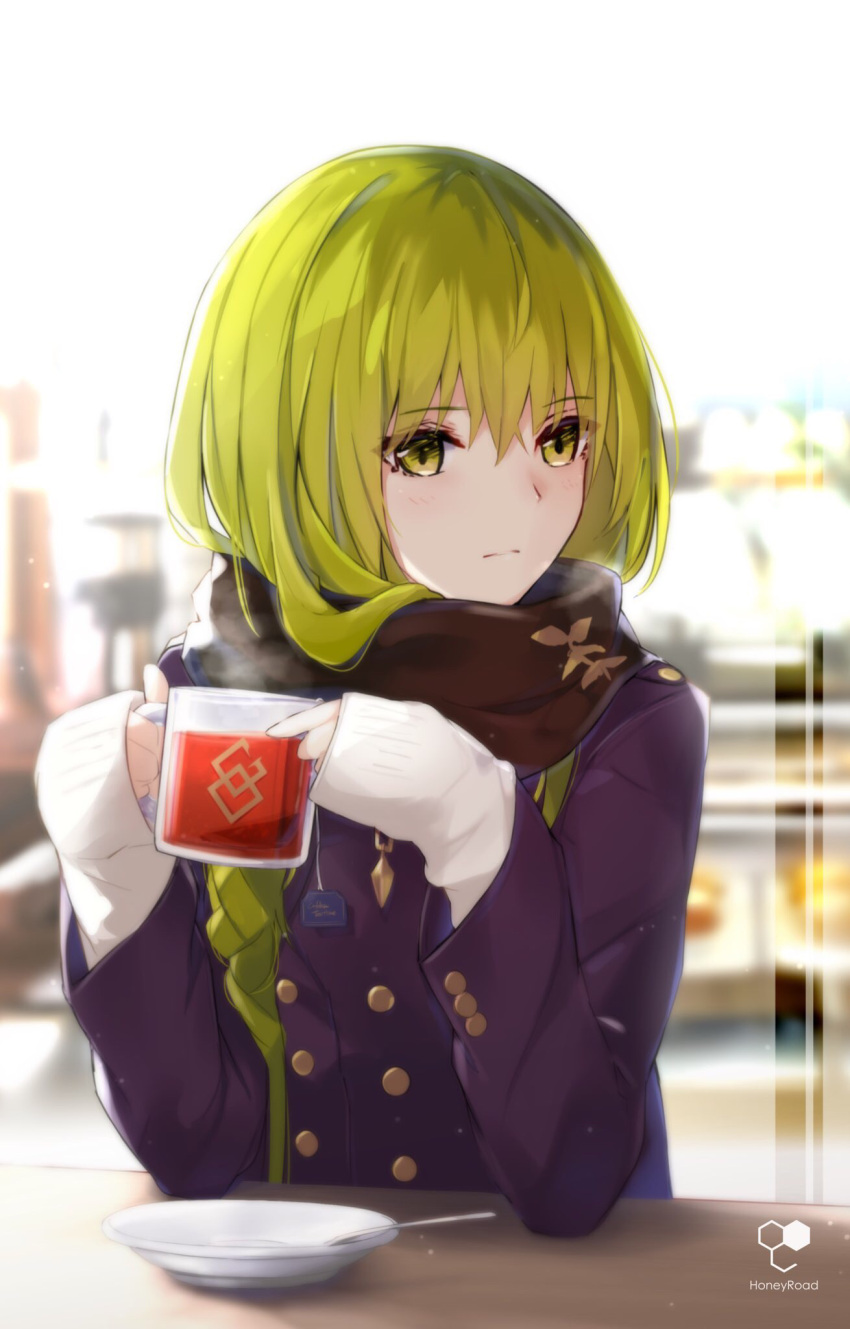 1other, androgynous, bangs, bee_doushi, black_tea, blurry, blurry_background, blush