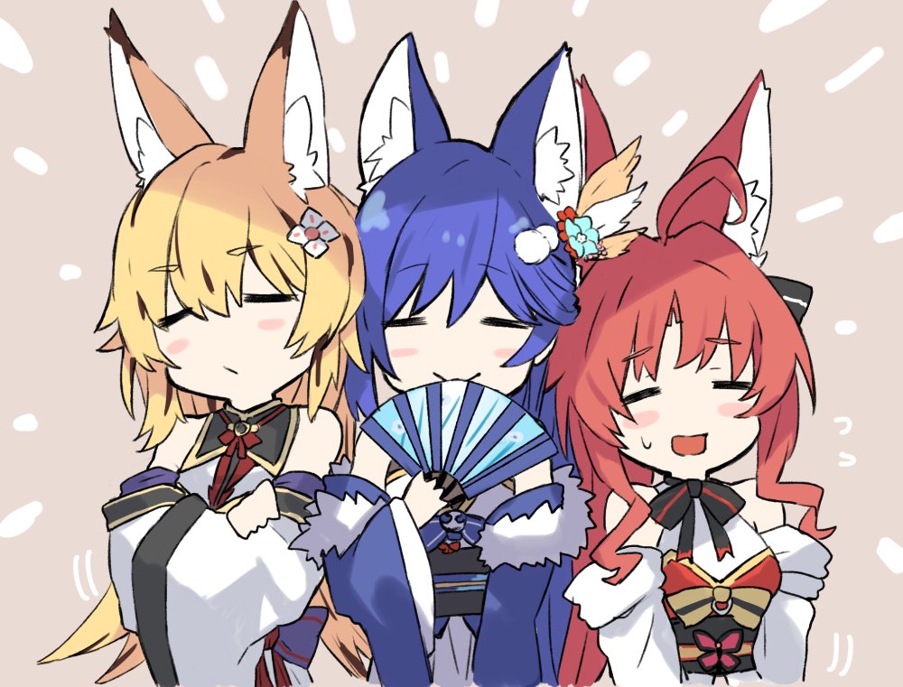 3girls, =_=, ahoge, animal_ears, azur_lane, blonde_hair, blue_hair, blush_stickers