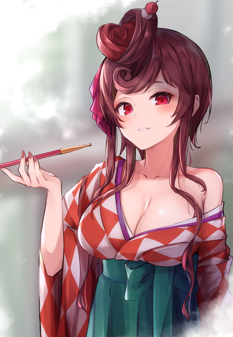 1girl, alisia0812, argyle, argyle_kimono, armpit_crease, bangs, bare_shoulders, blue_hakama, blush, breasts, cleavage, collarbone, commentary_request, hair_ribbon, hakama, hand_up, head_tilt, heart, heart_hair, holding, japanese_clothes, kimono, kiseru, large_breasts, light_smile, long_hair, long_sleeves, looking_at_viewer, nail_polish, off_shoulder, parted_lips, pipe, red_eyes, red_kimono, red_nails, red_ribbon, redhead, ribbon, sidelocks, solo, upper_body, wide_sleeves, yuugiri_(zombie_land_saga), zombie_land_saga
