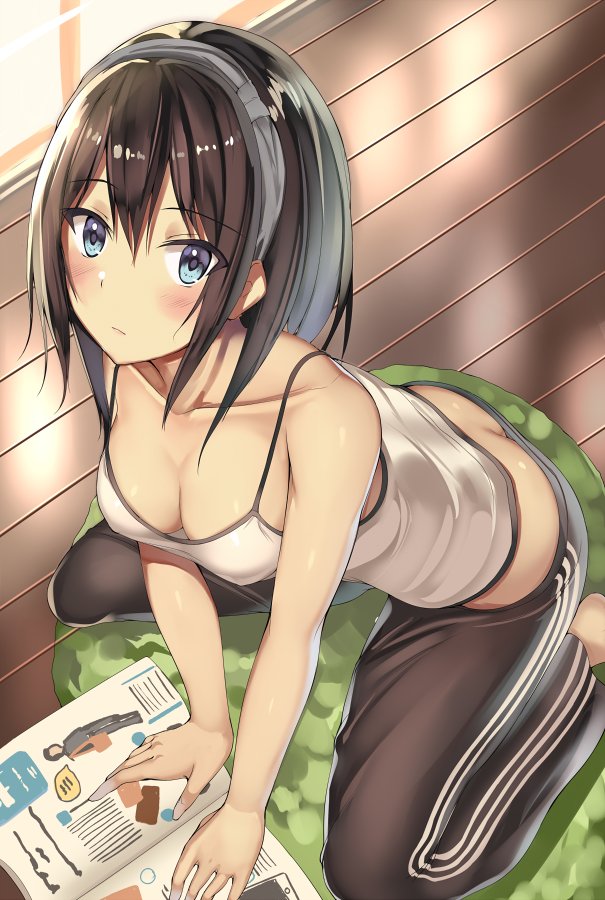 1girl, all_fours, armpit_crease, ass, bangs, bare_arms, bare_shoulders, blue_eyes