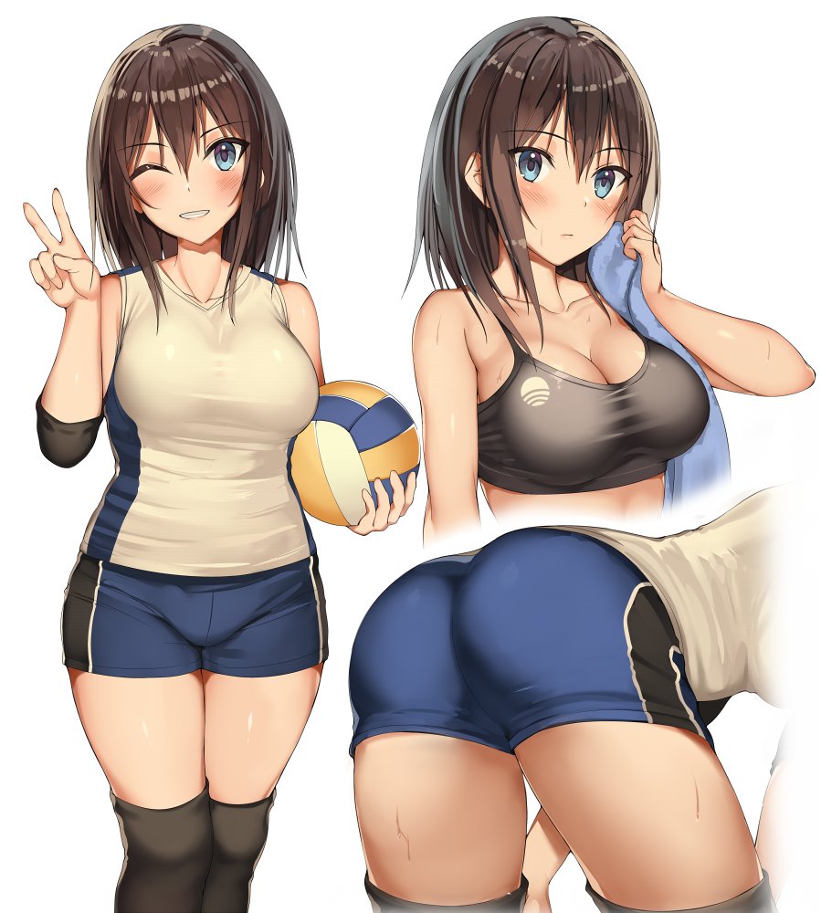 1girl, armpit_crease, ass, ball, bangs, bare_shoulders, bent_over, black_legwear