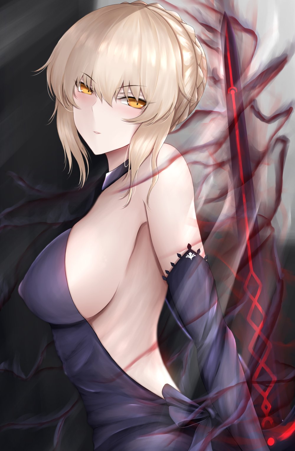 1girl, artoria_pendragon_(all), bangs, bare_shoulders, black_dress, blonde_hair, braid, breasts
