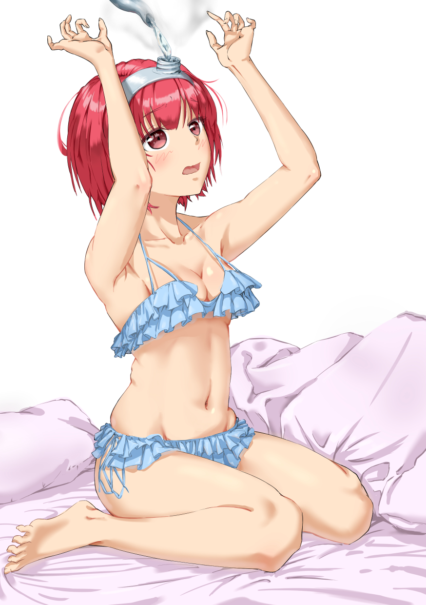 1girl, armpits, arms_up, bangs, barefoot, bed_sheet, bikini, blue_bikini, breasts, cleavage, eyebrows_visible_through_hair, frilled_bikini, frills, frown, full_body, highres, hip_vent, hot_water_bottle, katahama, legs, light_blush, medium_breasts, on_bed, open_mouth, original, personification, pillow, pouring, red_eyes, redhead, short_hair, side-tie_bikini, sitting, skindentation, solo, swimsuit, wariza, water, white_background