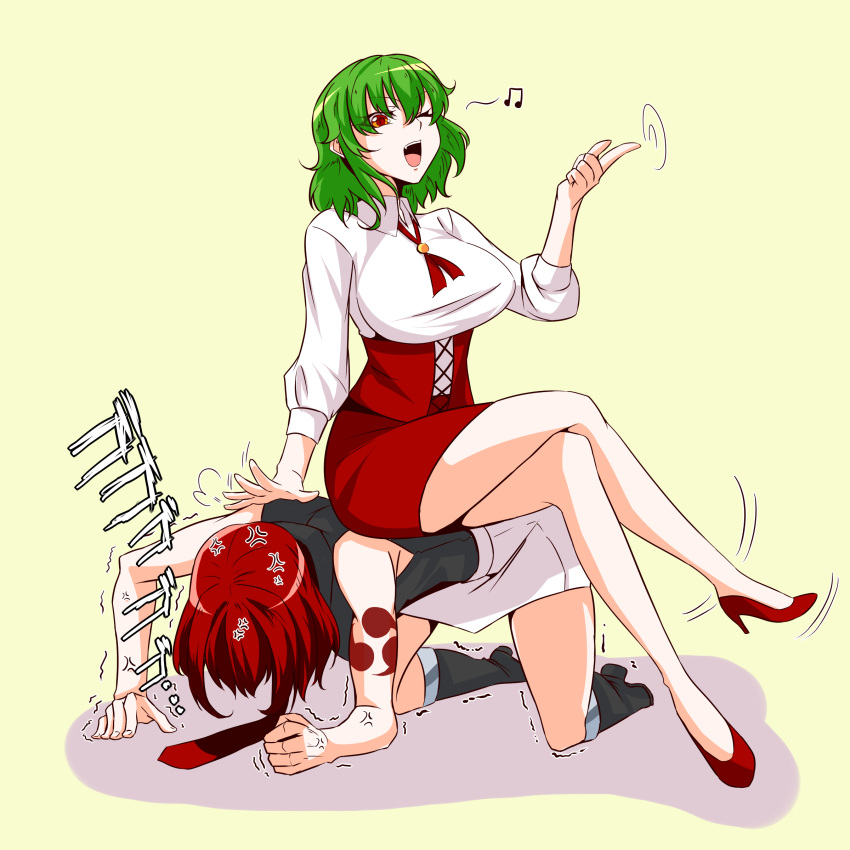 2girls, ;d, absurdres, all_fours, anger_vein, bangs, bare_arms, bare_legs
