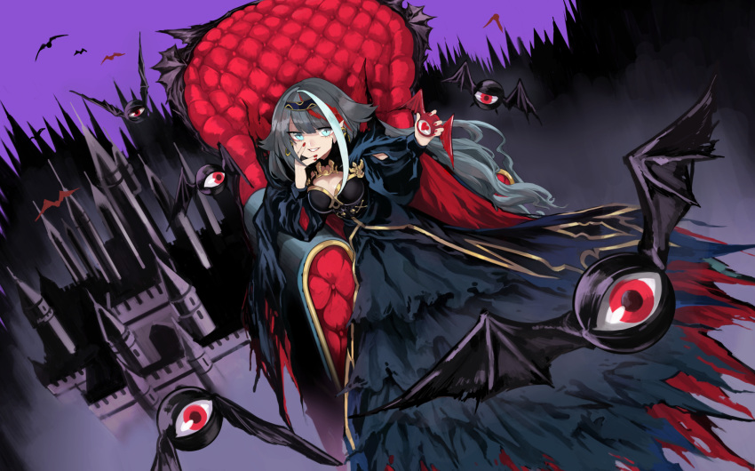 1girl, azur_lane, bangs, bat, black_hair, blue_eyes, breasts, capelet