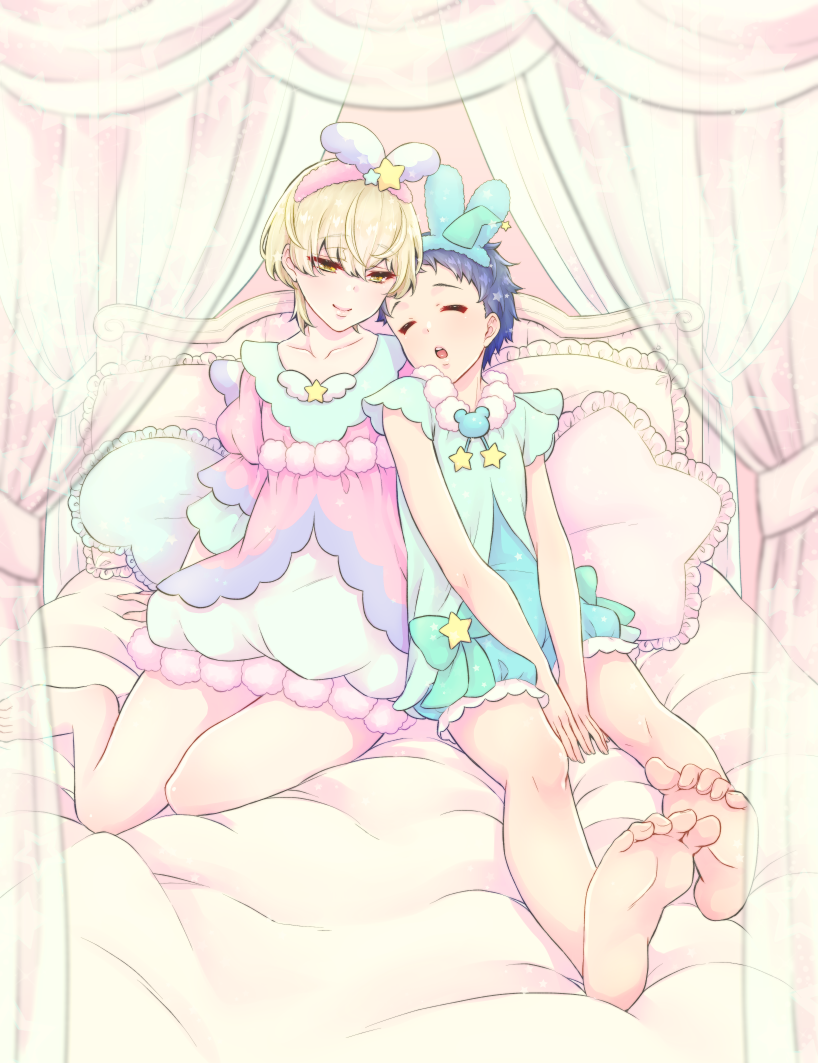 2boys, bed, binbinsuke, blonde_hair, blue_hair, blush, closed_eyes, crossdressinging