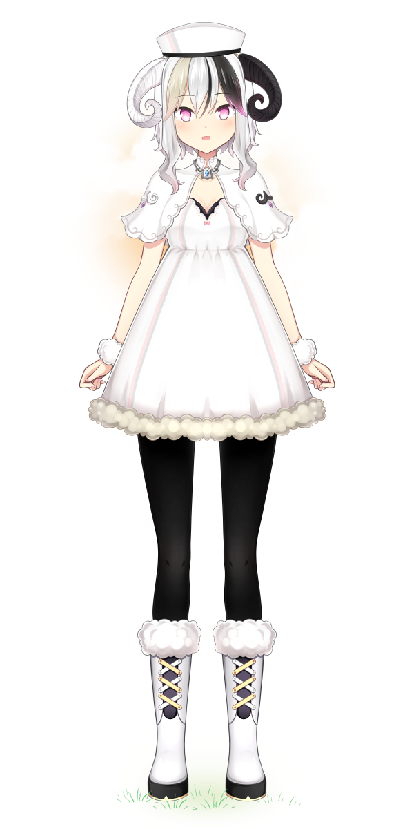 1girl, :o, arms_at_sides, black_hair, black_legwear, boots, breasts, brown_hair, capelet, cleavage, cross-laced_footwear, dress, full_body, fur-trimmed_boots, fur-trimmed_dress, fur_trim, grass, hat, highres, horns, knee_boots, looking_at_viewer, mismatched_horns, multicolored_hair, open_mouth, original, p_book, pantyhose, pink_eyes, pink_hair, short_hair_with_long_locks, sidelocks, silver_hair, small_breasts, solo, standing, streaked_hair, white_background, white_capelet, white_dress, white_footwear, white_hat, wristband