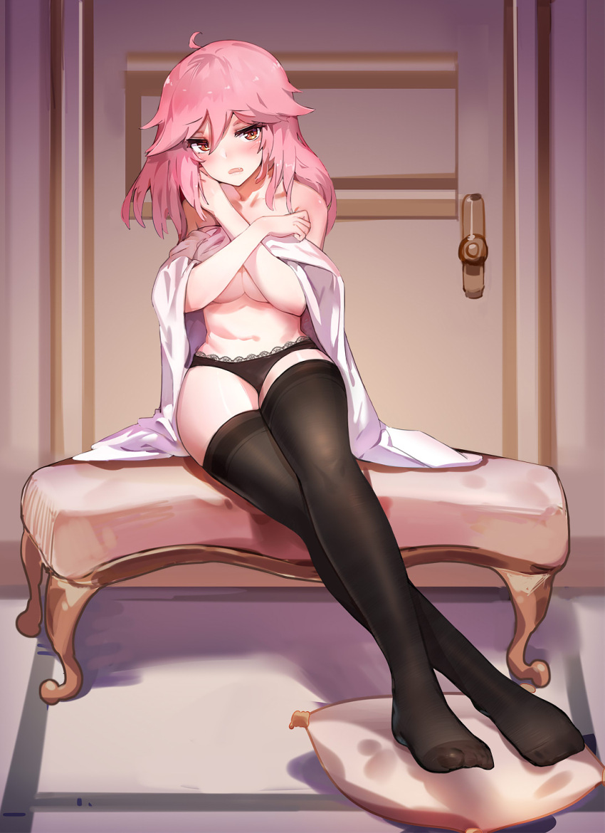 1girl, bare_shoulders, black_legwear, black_panties, blush, breasts, covering, covering_breasts