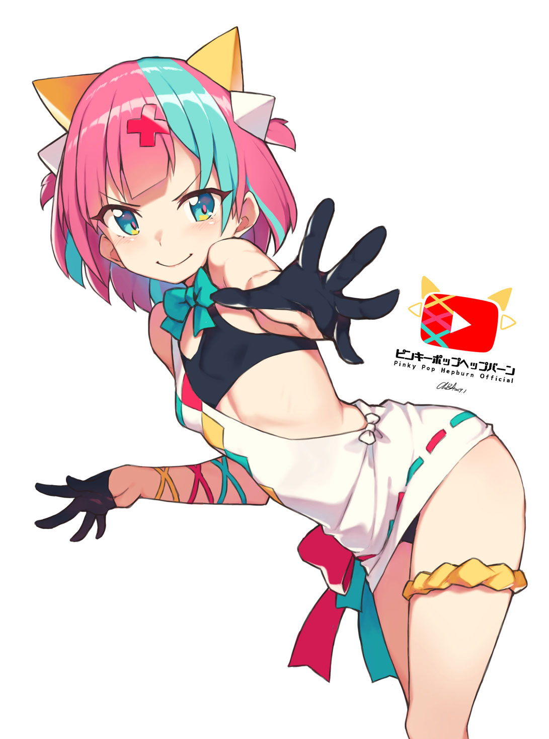 1girl, aqua_eyes, aqua_hair, aqua_neckwear, bare_shoulders, black_bra, black_gloves, blush, bow, bowtie, bra, breasts, cleavage, cloba, dress, eyebrows_visible_through_hair, gloves, hair_ornament, half_gloves, highres, long_hair, looking_at_viewer, multicolored_hair, pink_hair, pinky_pop_hepburn, pinky_pop_hepburn_official, scrunchie, sleeveless, sleeveless_dress, small_breasts, smile, solo, thigh_scrunchie, two-tone_hair, two_side_up, underwear, very_long_hair, virtual_youtuber, white_dress, x_hair_ornament, yellow_scrunchie