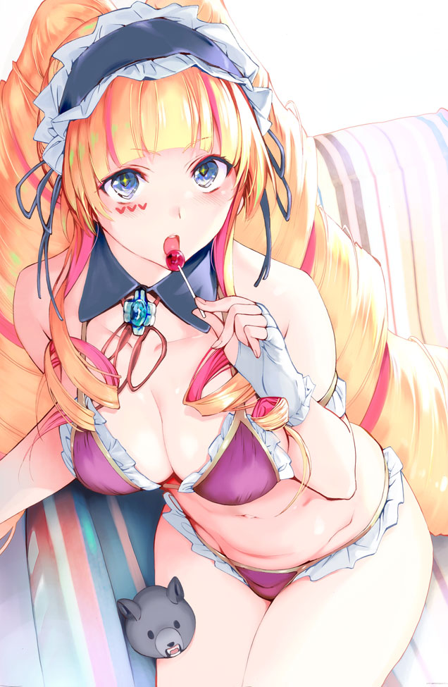 1girl, big_hair, bikini, blonde_hair, blue_eyes, breasts, candy, commentary_request