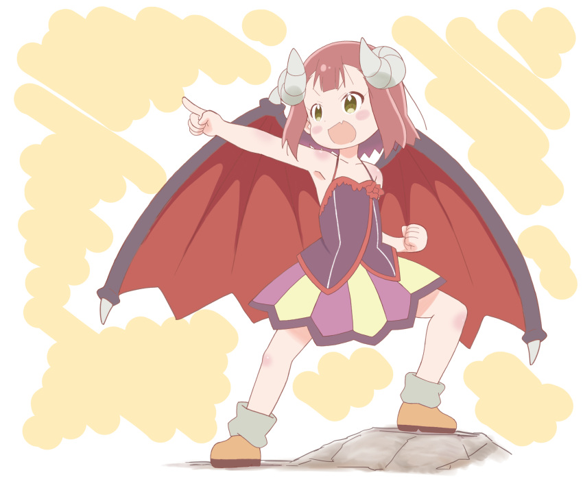 1girl, armpits, blush_stickers, commentary, demon_wings, dress, endro!, fang