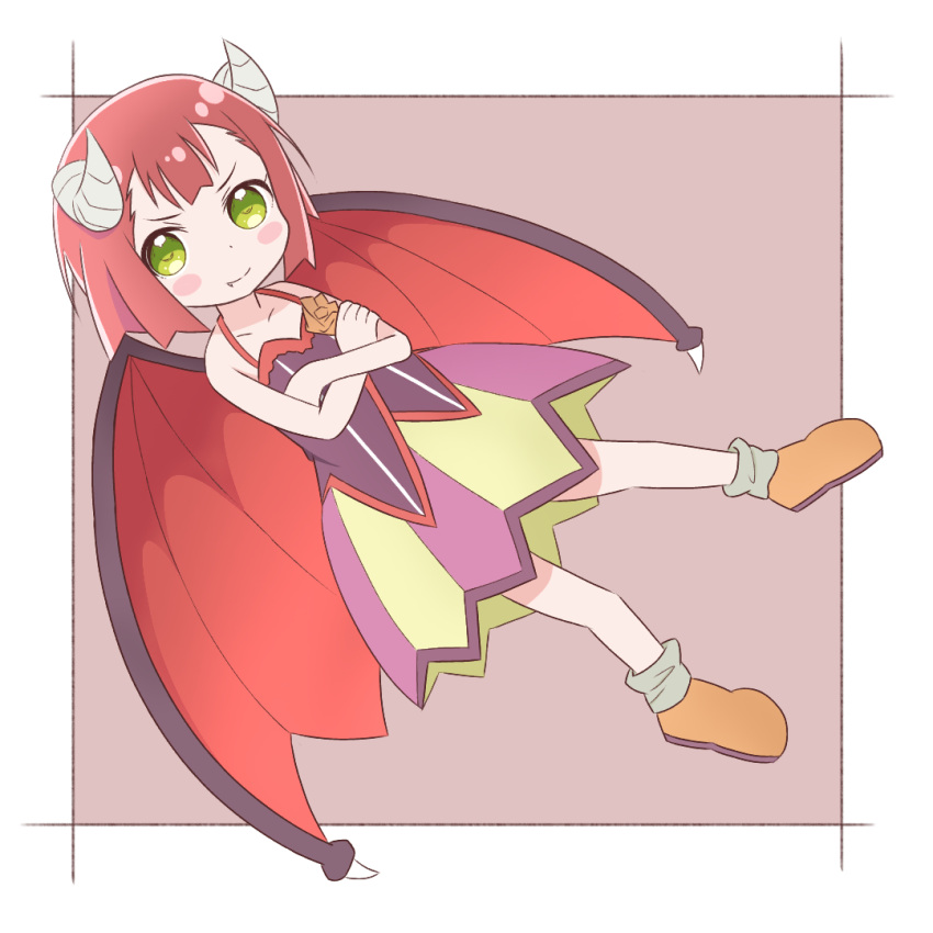 1girl, blush_stickers, commentary, crossed_arms, demon_wings, dress, endro!, fang